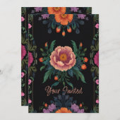 Elegant black boho chic vintage floral einladung (Vorne/Hinten)