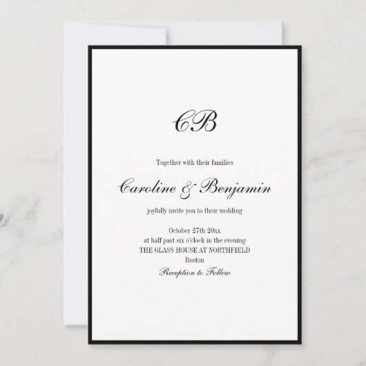 Elegant Black Border White Script Monogram Wedding Einladung (Vorderseite)
