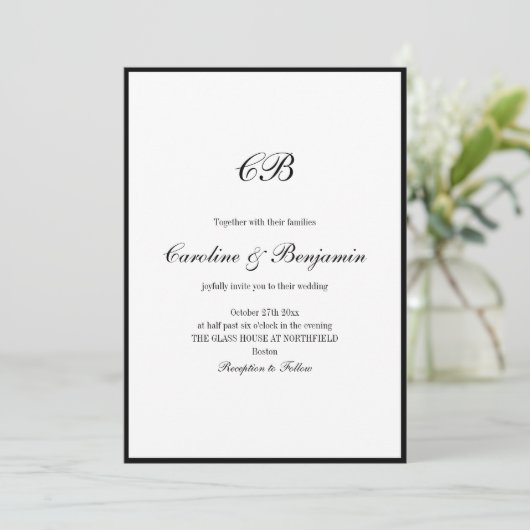 Elegant Black Border White Script Monogram Wedding Einladung (Stehend Vorderseite)