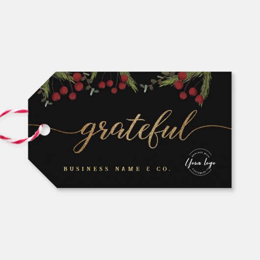 Elegant Black Botanical “Grateful” Holiday Custom Geschenkanhänger (Rückseite Horizontal)