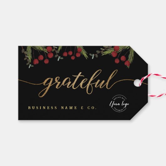 Elegant Black Botanical “Grateful” Holiday Custom  Geschenkanhänger (Vorderseite (Horizontal))