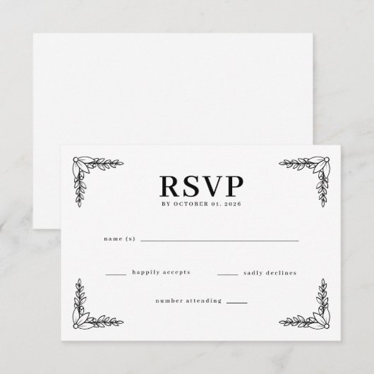 Elegant Black Botanical RSVP Karte (Vorne/Hinten)