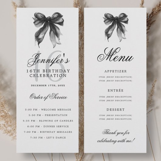 Elegant Black Bow 16th Birthday Party Program Menu Einladung