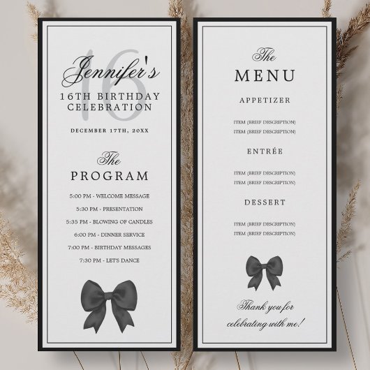 Elegant Black Bow 16th Birthday Program Menu  Einladung