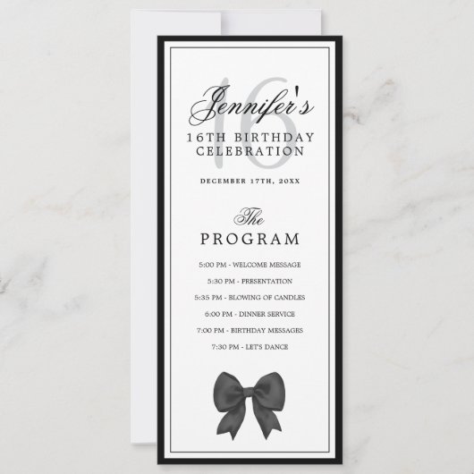 Elegant Black Bow 16th Birthday Program Menu  Einladung (Vorderseite)