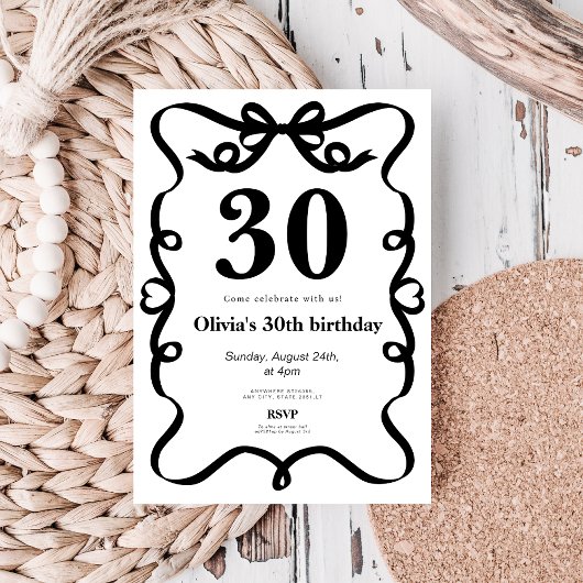 Elegant black bow 30th birthday invitation einladung