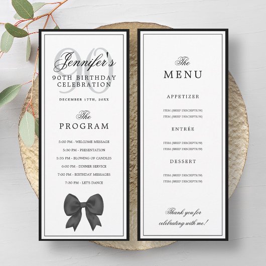 Elegant Black Bow 90th Birthday Program + Menu  Einladung