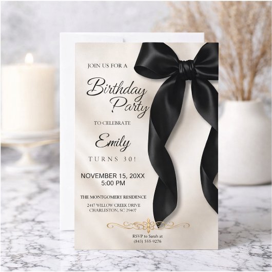 Elegant Black Bow Birthday Invitation Einladung