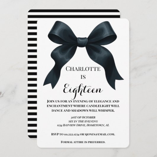 Elegant Black Bow Birthday Invite - Black Stripe Einladung (Vorne/Hinten)