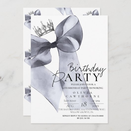 Elegant Black Bow Birthday Party Einladung (Vorne/Hinten)