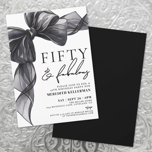 Elegant Black Bow Fifty & Fabulous 50th Birthday Einladung