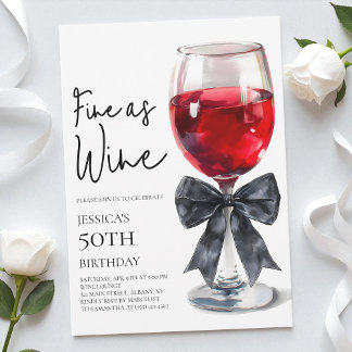 Elegant Black Bow Fine as Wine 50th Birthday Party Einladung