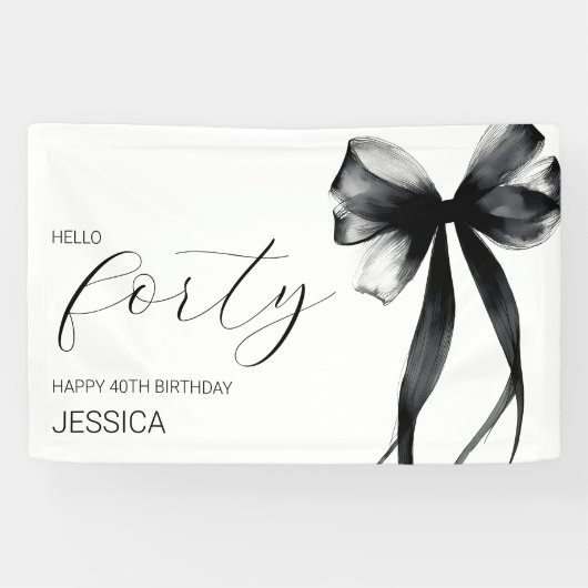 Elegant Black Bow Hello Forty 40th Birthday Party Banner (Horizontal)