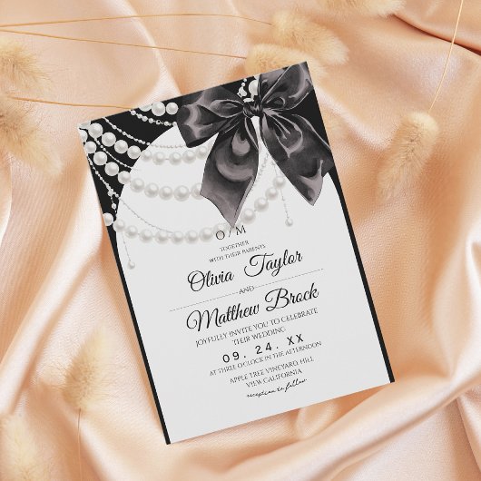 Elegant Black Bow Pearls Wedding Einladung