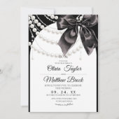 Elegant Black Bow Pearls Wedding Einladung (Vorderseite)