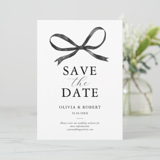 Elegant Black Bow Save The Date (Stehend Vorderseite)