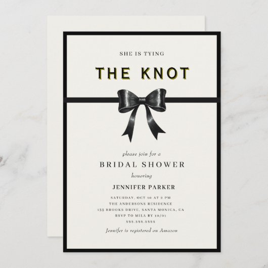 Elegant Black Bow Tying the knot Bridal Shower Einladung (Vorne/Hinten)