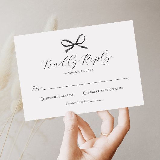 Elegant Black Bow Wedding RSVP Karte