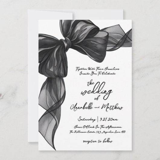 Elegant Black Bow Whimsical Wedding Einladung (Vorderseite)