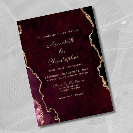 Elegant Black Burgundy Agate Wedding Einladung