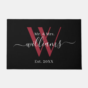 Elegant Black Burgundy Mr. and Mrs. Monogram Name Fußmatte