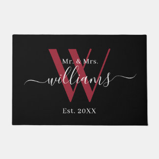 Elegant Black Burgundy Mr. and Mrs. Monogram Name Fußmatte