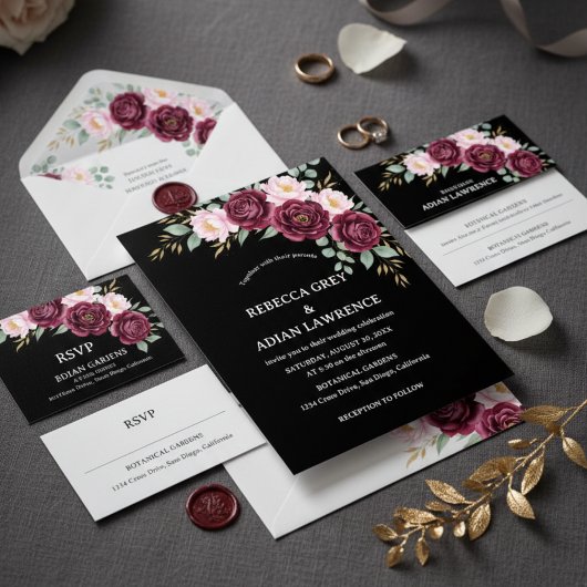Elegant Black & Burgundy Pink Floral Wedding  Einladung