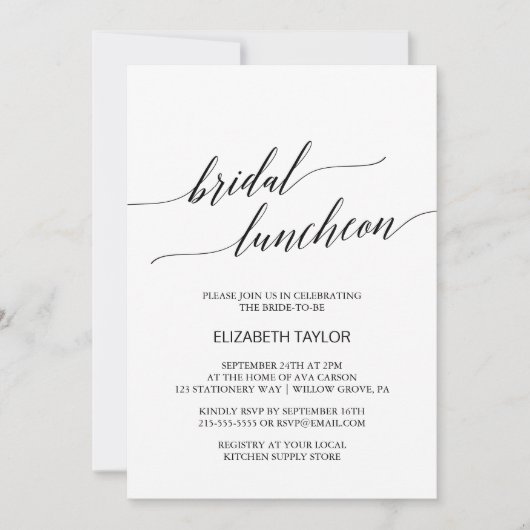 Elegant Black Calligraphy Bridal Luncheon Einladung (Vorderseite)