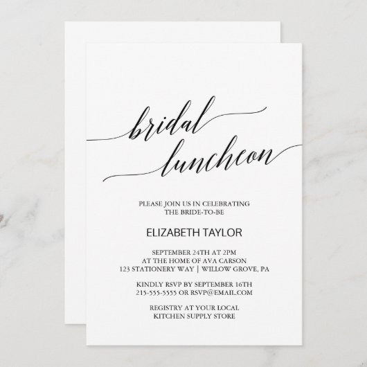 Elegant Black Calligraphy Bridal Luncheon Einladung (Vorne/Hinten)
