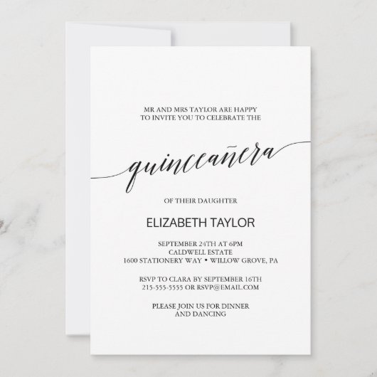 Elegant Black Calligraphy Quinceañera Einladung (Vorderseite)