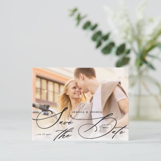 Elegant Black Calligraphy Save the Date Postkarte (Stehend Vorderseite)