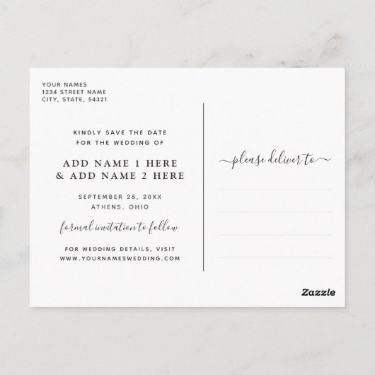 Elegant Black Calligraphy Save the Date Postkarte (Rückseite)