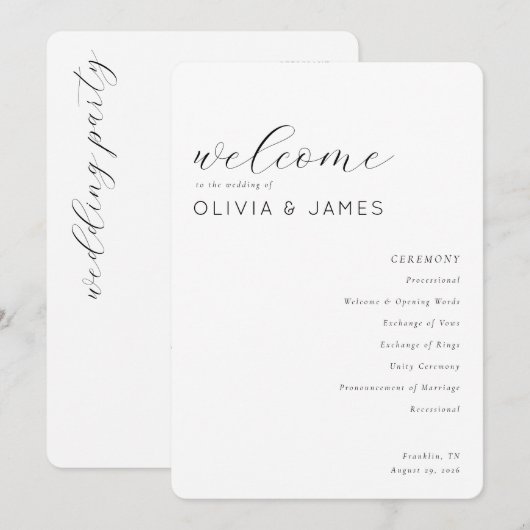 Elegant Black Calligraphy Wedding Ceremony Programm (Vorne/Hinten)