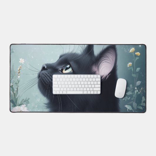 Elegant Black Cat Teal Mint Mystical Garden Schreibtischunterlage (Tastatur & Maus)