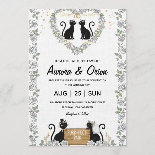 Elegant black cat wedding invitation einladung (Vorderseite)