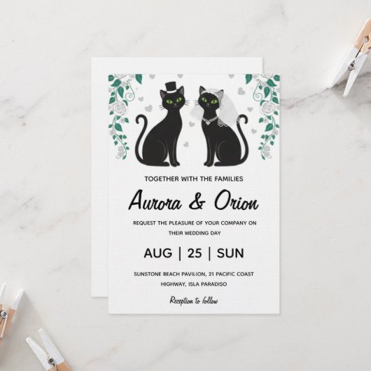 Elegant black cat wedding invitation einladung (Vorderseite/Rückseite Beispiel)