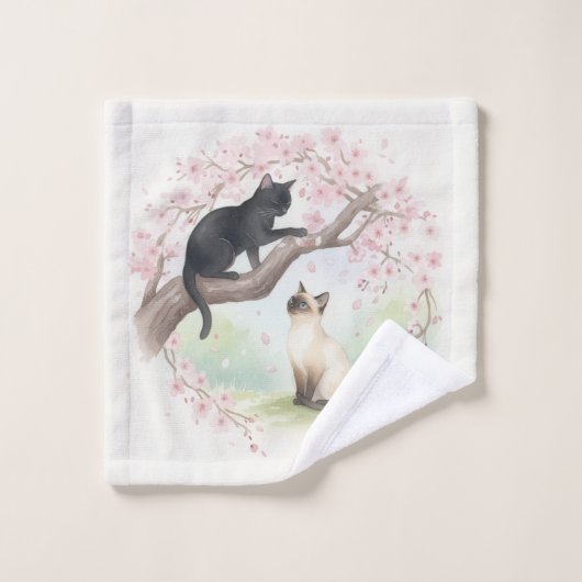 Elegant Black Cat with Japanese Cherry Blossoms Waschlappen (Waschlappen)