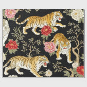Elegant Black Chinoiserie Tiger and Peony Pattern Geschenkpapier (Flach)