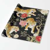 Elegant Black Chinoiserie Tiger and Peony Pattern Geschenkpapier (Ungerollt)
