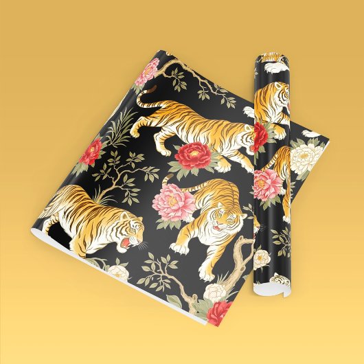 Elegant Black Chinoiserie Tiger and Peony Pattern Geschenkpapier