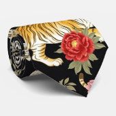 Elegant Black Chinoiserie Tiger and Peony Pattern Krawatte (Gerollt)