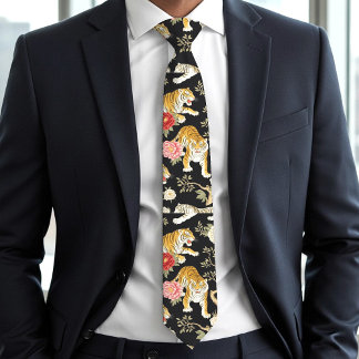 Elegant Black Chinoiserie Tiger and Peony Pattern Krawatte