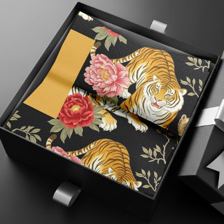Elegant Black Chinoiserie Tiger and Peony Pattern Seidenpapier
