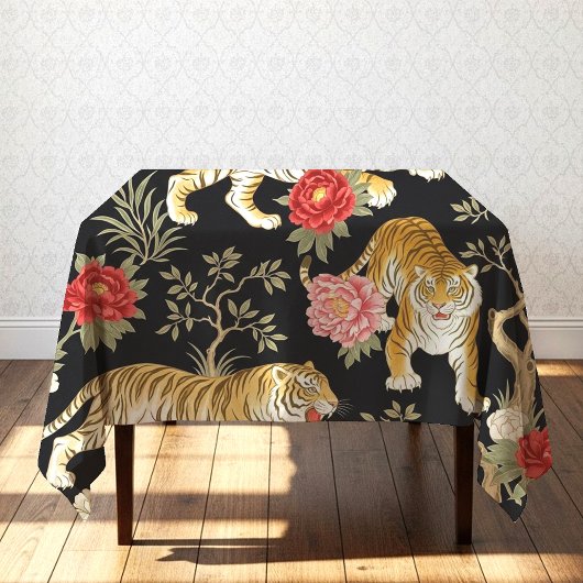 Elegant Black Chinoiserie Tiger and Peony Pattern Tischdecke