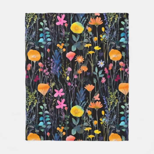 Elegant black colorful wildflowers watercolor fleecedecke (Vorderseite)