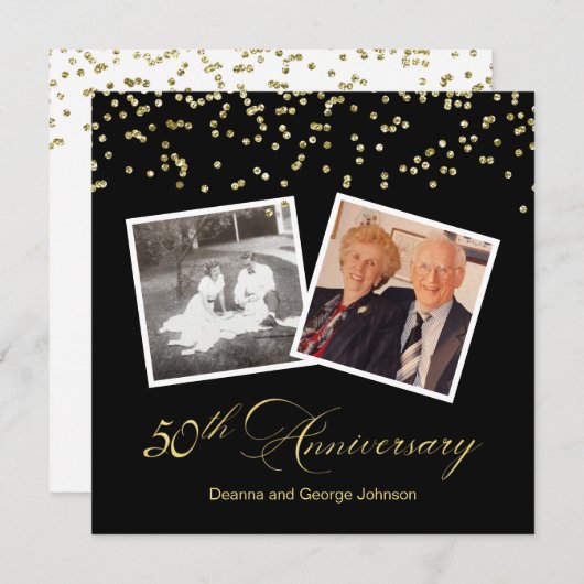 Elegant Black Confetti 50. Hochzeitstag Einladung (Vorne/Hinten)
