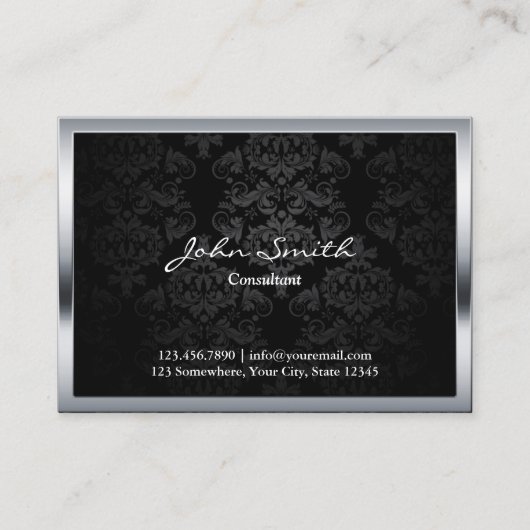 Elegant Black Damask Metal Gerahmt Visitenkarte (Vorderseite)