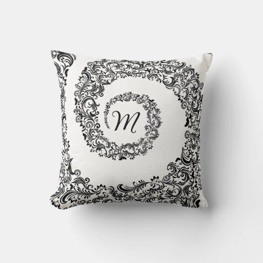 Elegant Black Damask Monogram Kissen (Vorderseite)