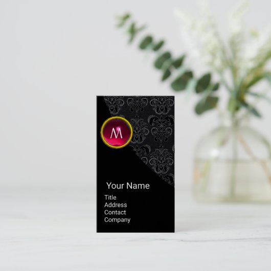 ELEGANT BLACK DAMASK PINK RUBY GEMSTONE MONOGRAMM VISITENKARTE (Stehend Vorderseite)