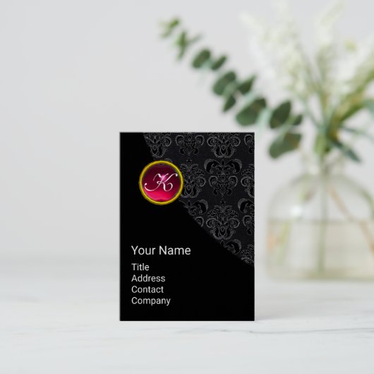 ELEGANT BLACK DAMASK PINK RUBY GEMSTONE MONOGRAMM VISITENKARTE (Stehend Vorderseite)